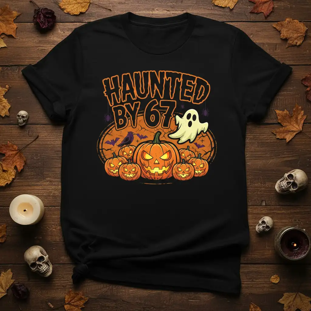 Haunted By 67 Halloween birthday design with jack-o'-lanterns and ghost graphic