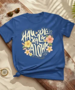 Hau'oli Ka La Aloha text design with hibiscus flowers on a blue t-shirt, Hawaiian vacation theme