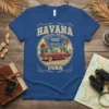 Havana Old Time Classic Brand Cuba t-shirt design with a red vintage convertible car and Cuban buildings