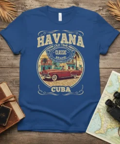 Havana Old Time Classic Brand Cuba t-shirt design with a red vintage convertible car and Cuban buildings