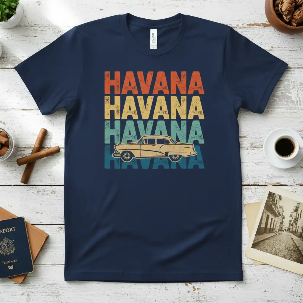 Havana vintage car graphic with stacked retro text in orange, yellow, teal, and blue on a navy tee