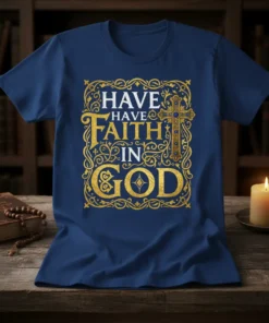 Have Have Faith In God quote on navy t-shirt with ornate gold Christian cross graphic