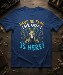 Have No Fear The Goat Is Here quote t-shirt with a graphic of a goat's head