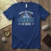 Have No Fear The Greek Is Here text with Greek flag and laurel wreath on a royal blue t-shirt