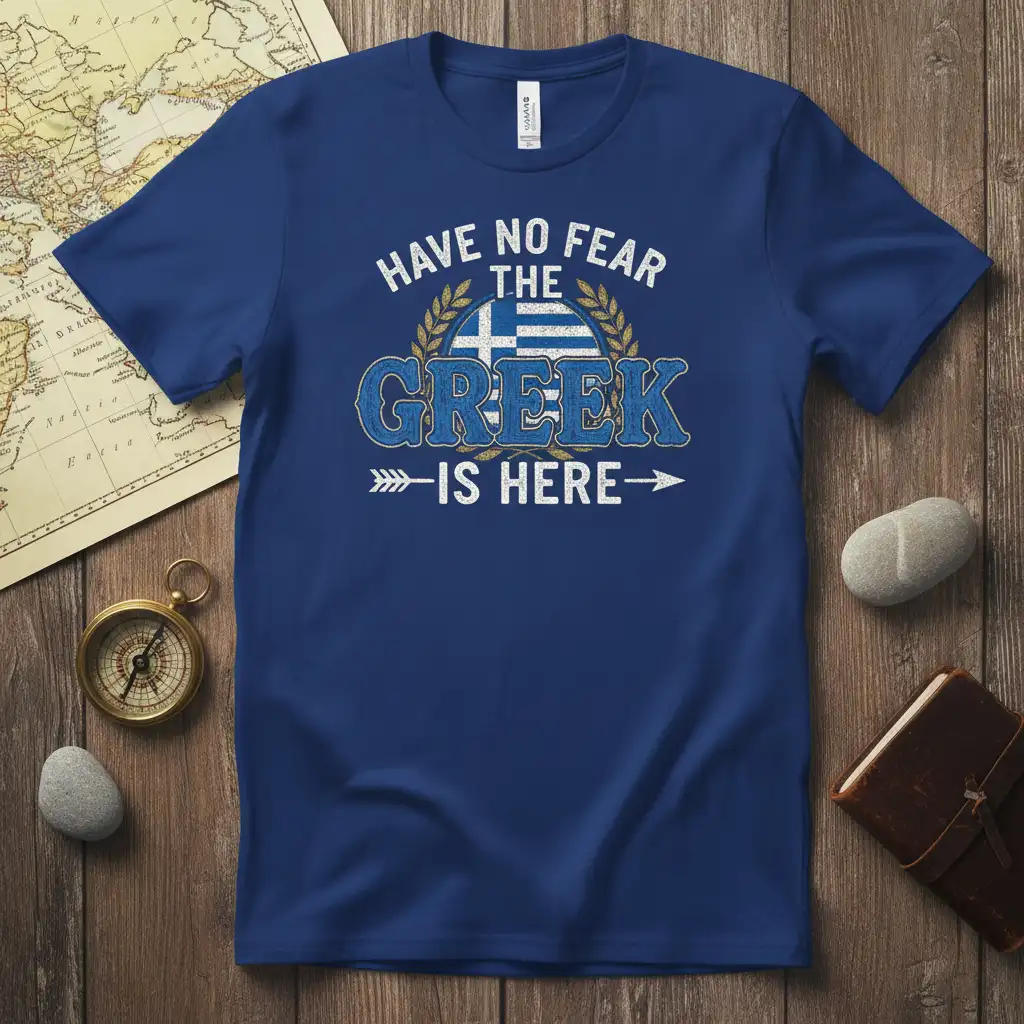 HAVE NO FEAR THE GREEK IS HERE quote on a t-shirt with Greek flag and laurel wreath graphic