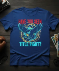 Blue t-shirt with "HAVE YOU SEEN TITLE FIGHT?" text and a graphic of an owl in flight, surrounded by circular
