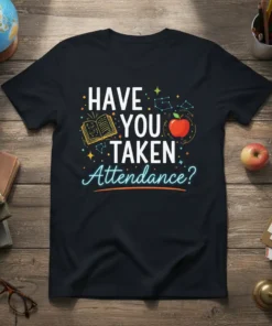 T-shirt with white text "HAVE YOU TAKEN Attendance?" and graphics of an open book, apple, and constellations