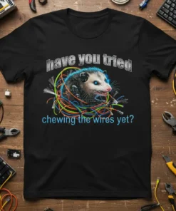Black t-shirt with text "have you tried chewing the wires yet?" and a possum tangled in colorful wires graphic