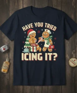 Gingerbread nurse and gingerbread tree design with text "HAVE YOU TRIED ICING IT?"