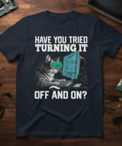 Funny cat wearing VR goggles, typing on a computer with code on screen. Text reads "Have You Tried Turning It