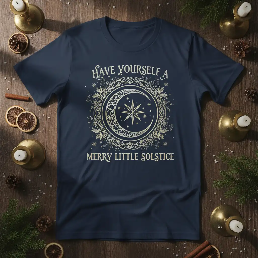 Have yourself a merry little solstice quote with crescent moon and star graphic on a navy t-shirt