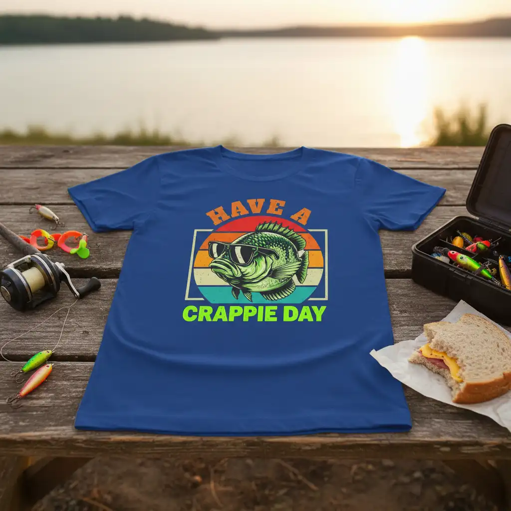 Have A Crappie Day funny fishing t-shirt design with a sunglasses-wearing crappie fish and retro sunset