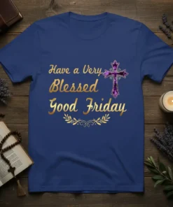Blue t-shirt with gold text "Have a Very Blessed Good Friday" and a purple jeweled cross graphic