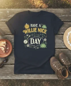 Dark t-shirt with "Have A Willie Nice Day" text, featuring a smiling sun, banjo, musical notes, and frogs