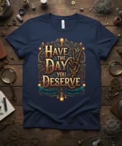 T-shirt with "Have the Day You Deserve" text in ornate gold lettering, featuring a skeleton hand giving a peace sign