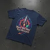 Have The Day You Deserve quote on a t-shirt with a retro rocket ship blasting through a colorful galaxy design