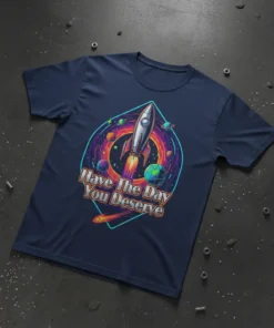 Have The Day You Deserve quote on a t-shirt with a retro rocket ship blasting through a colorful galaxy design