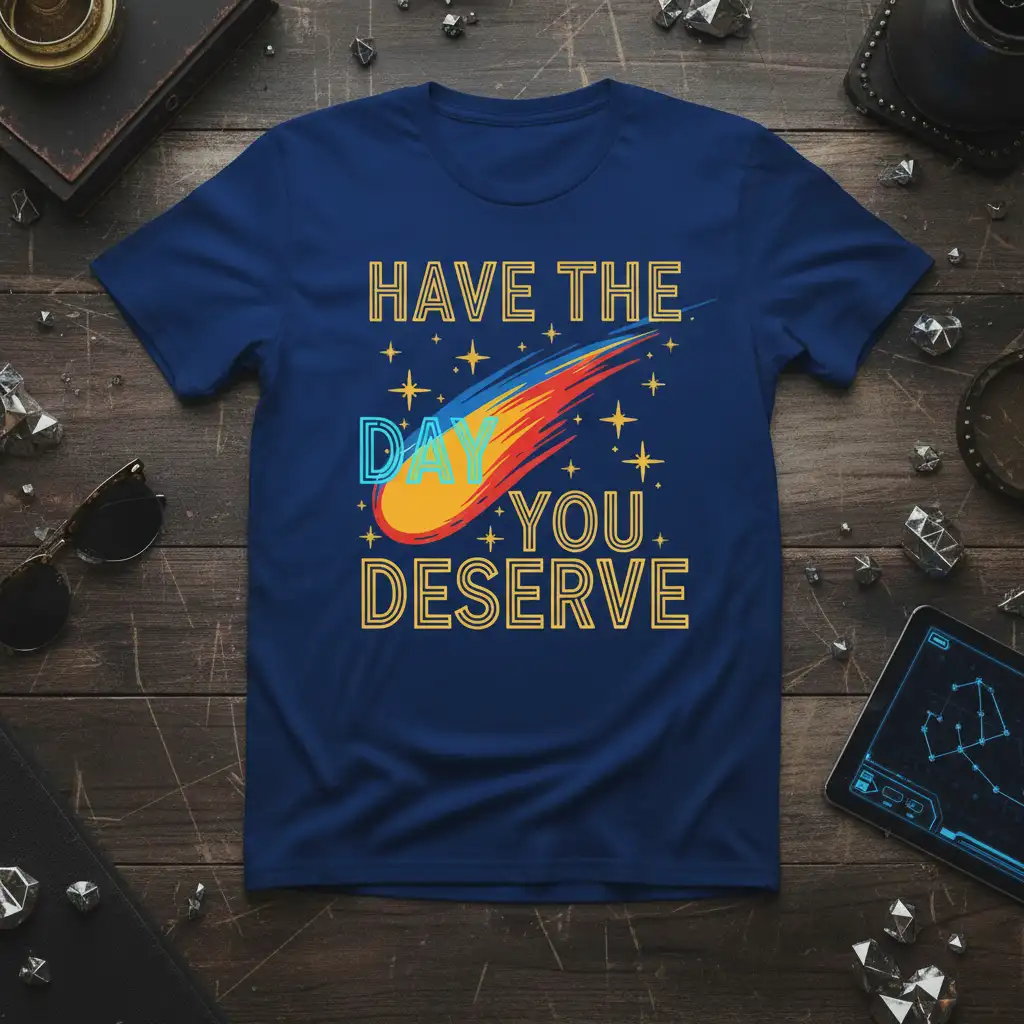 HAVE THE DAY YOU DESERVE inspirational quote with comet graphic on blue tee