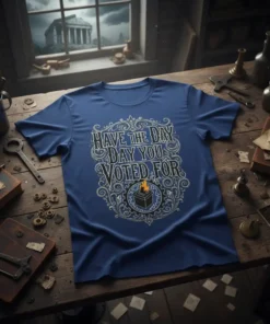 Blue t-shirt with the text "HAVE THE DAY YOU VOTED FOR" in ornate white and grey lettering, featuring a ballot