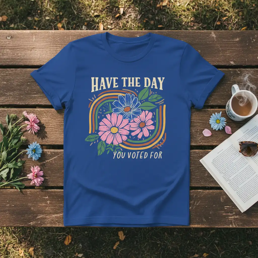 Have The Day You Voted For quote with retro rainbow and floral design on a blue tee