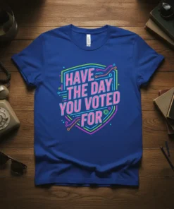 Quote "HAVE THE DAY YOU VOTED FOR" in neon pink and blue on a shield-shaped graphic with circuit board elements
