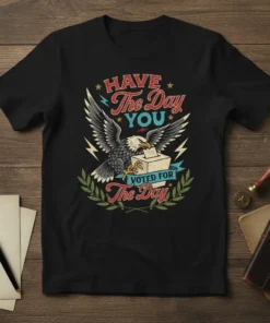 Eagle casting a vote with "Have The Day You Voted For The Day" text on a black t-shirt