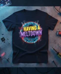 Black t-shirt with "HAVING A MELTDOWN" text inside a glowing circuit board circle, featuring neon colors and dripping effects