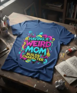 Text graphic: "HAVING A WEIRD MOM BUILDS CHARACTER" in colorful, graffiti-style font on a navy t-shirt