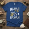 HAWAII Backwards is iiAWAH text design with hibiscus flowers and Hawaii map outline on a blue t-shirt