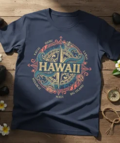 Hawaii Compass Design T-Shirt featuring a vintage compass with "HAWAII" text and island names in a circular layout