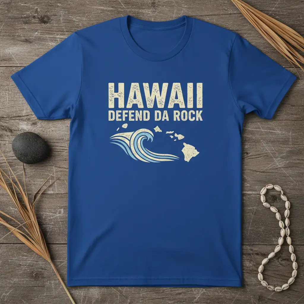 HAWAII DEFEND DA ROCK text with wave and island map graphic on a blue t-shirt for island pride