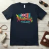 Hawaii Pacific Ocean t-shirt design with Hawaiian flag, surfboards, tropical leaves, and vibrant gradient text