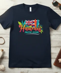 Hawaii Pacific Ocean t-shirt design with Hawaiian flag, surfboards, tropical leaves, and vibrant gradient text