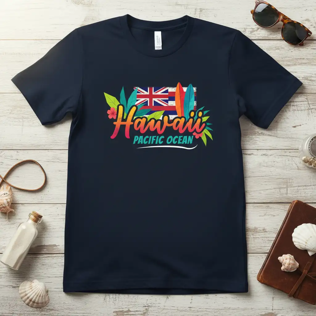 Vibrant Hawaii Pacific Ocean t-shirt design with surfboards and tropical foliage