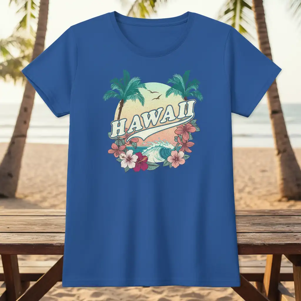 Hawaii text design with tropical sunset, palm trees, ocean waves, and flowers graphic on a blue tee