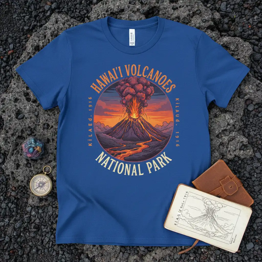Hawai'i Volcanoes National Park Kilauea 1916 design featuring a dynamic volcano eruption and vintage text on a blue t-shirt