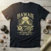 Hawaii The Aloha State Est. 1959 t-shirt design featuring a volcano, palm trees, hibiscus flower, and sea turtle