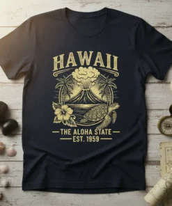 Hawaii The Aloha State Est. 1959 t-shirt design featuring a volcano, palm trees, hibiscus flower, and sea turtle