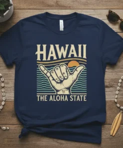Hawaii The Aloha State t-shirt with vintage surf design and hang loose hand gesture