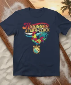 Hawaiian Alarm Clock t-shirt design with a colorful rooster perched on an alarm clock, tropical sunset graphics