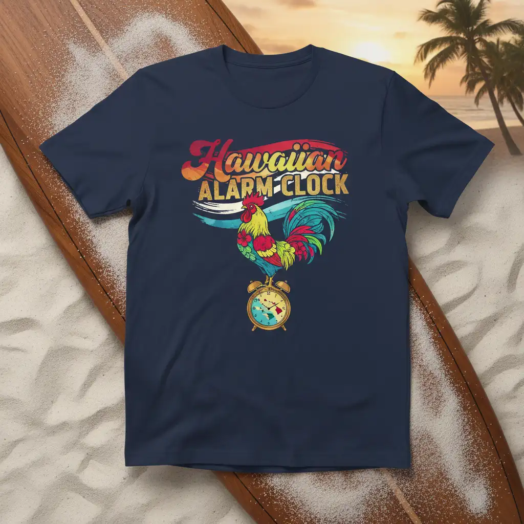 Hawaiian Alarm Clock text with a vibrant rooster on an alarm clock, retro tropical sunset design