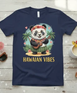 Hawaiian Vibes text with a cute panda playing ukulele, wearing a flower lei and grass skirt, surrounded by palm trees