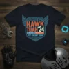 Hawk Tuah '24 Spit On That Thang t-shirt design with patriotic elements and circuit board motif