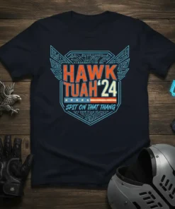 Hawk Tuah '24 Spit On That Thang t-shirt design with patriotic elements and circuit board motif