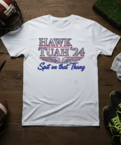 Hawk Tuah '24 Spit on that Thang t-shirt with patriotic wings graphic and distressed text