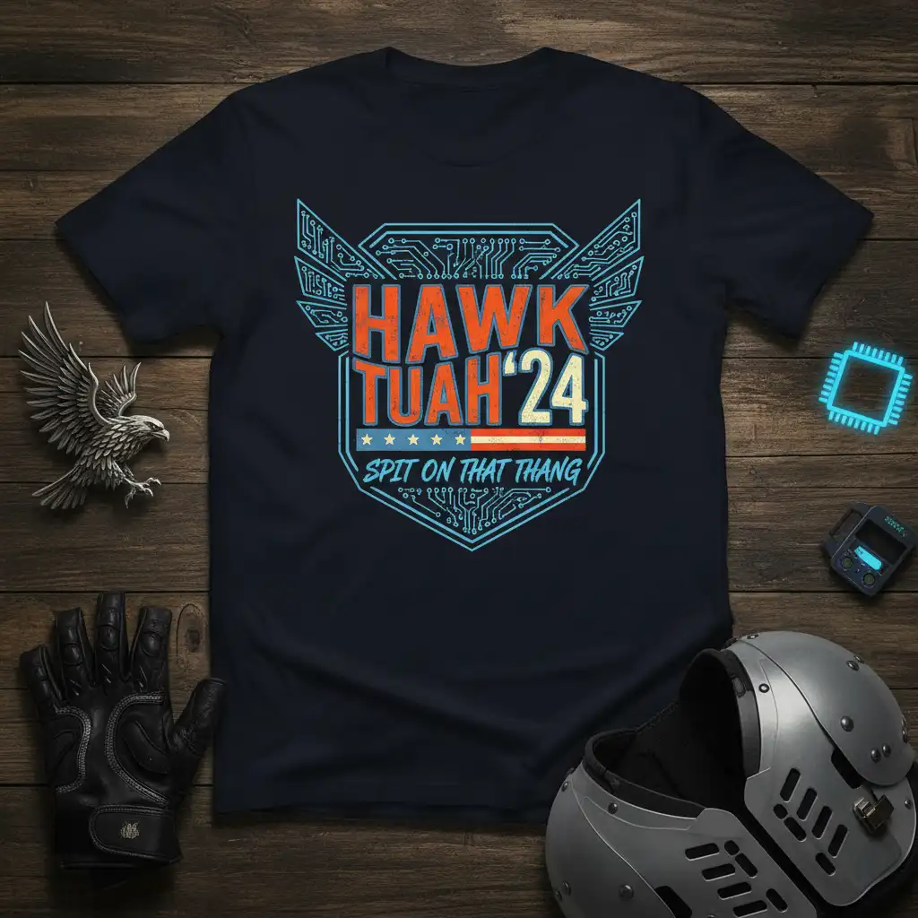 Hawk Tuah '24 Spit On That Thang quote t-shirt with vintage distressed style and patriotic elements