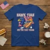 Hawk Tuah Spit On That Thang t-shirt design featuring an eagle and a hot dog with flames and the American