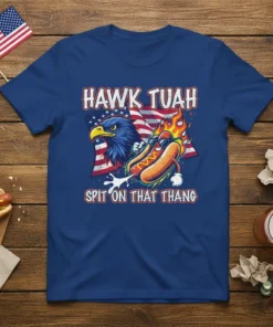 Hawk Tuah Spit On That Thang t-shirt design featuring an eagle and a hot dog with flames and the American
