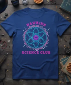 Hawkins Science Club text above and below a retro atomic symbol graphic on a blue t-shirt