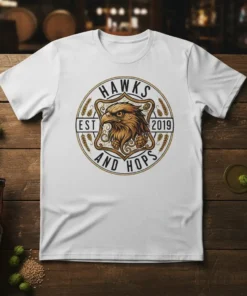 Hawks Est 2019 and Hops T-Shirt design featuring an eagle head graphic with wheat stalks and hops, circular border